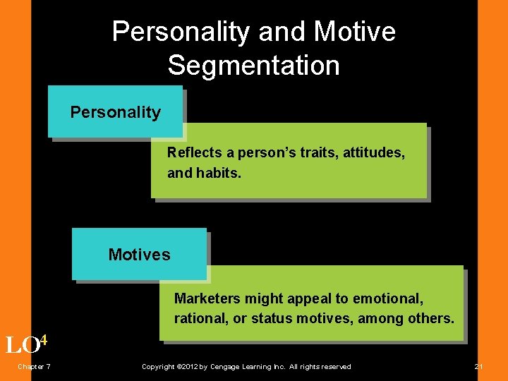 Personality and Motive Segmentation Personality Reflects a person’s traits, attitudes, and habits. Motives Marketers