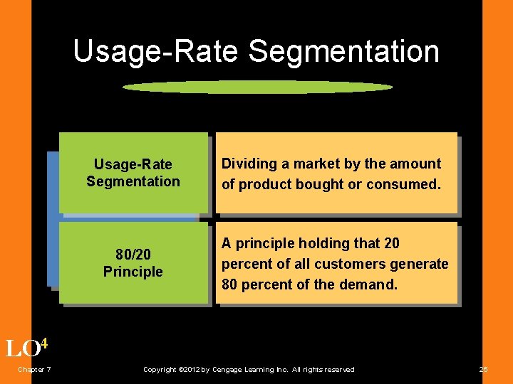 Usage-Rate Segmentation Dividing a market by the amount of product bought or consumed. 80/20