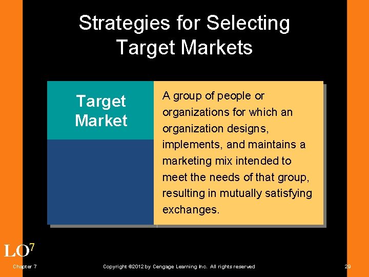 Strategies for Selecting Target Markets Target Market A group of people or organizations for