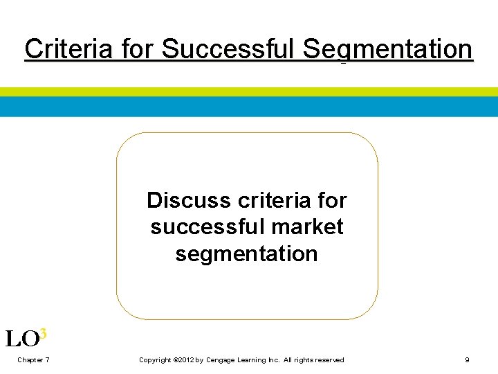 Criteria for Successful Segmentation Discuss criteria for successful market segmentation LO 3 Chapter 7