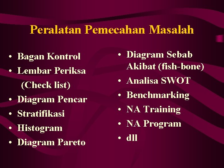 Peralatan Pemecahan Masalah • Bagan Kontrol • Lembar Periksa (Check list) • Diagram Pencar