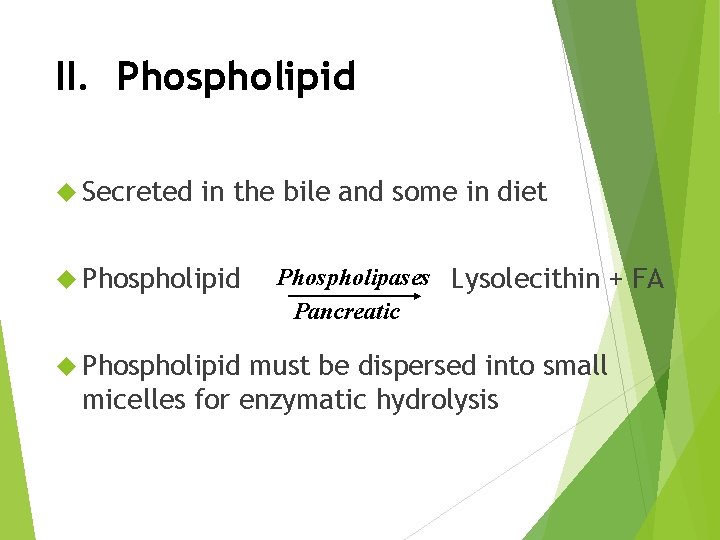 II. Phospholipid Secreted in the bile and some in diet Phospholipid Phospholipases Lysolecithin +