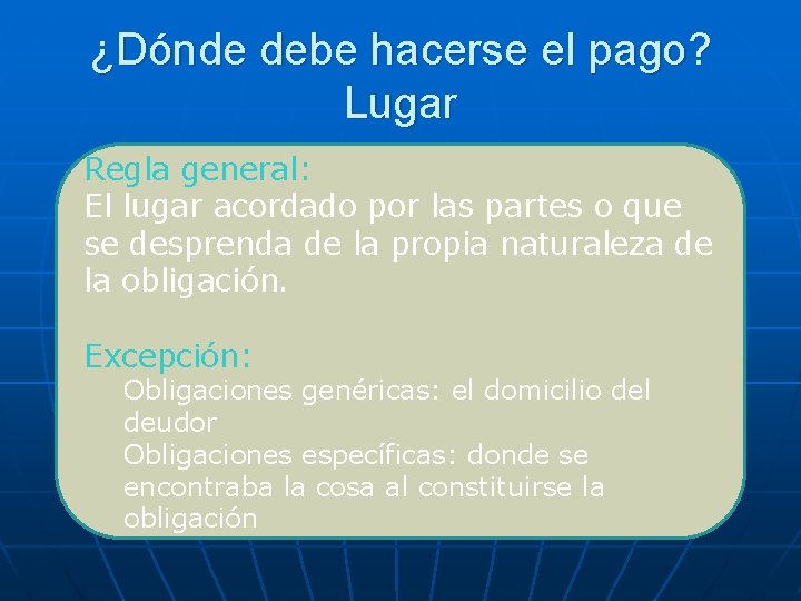 ¿Dónde debe hacerse el pago? Lugar Regla general: El lugar acordado por las partes