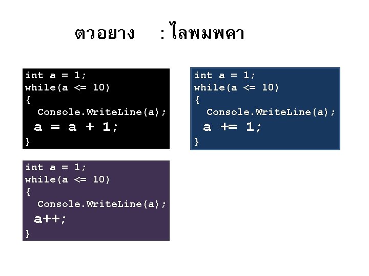 ตวอยาง : ไลพมพคา int a = 1; while(a <= 10) { Console. Write. Line(a);