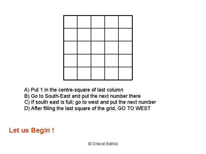 A) Put 1 in the centre-square of last column B) Go to South-East and