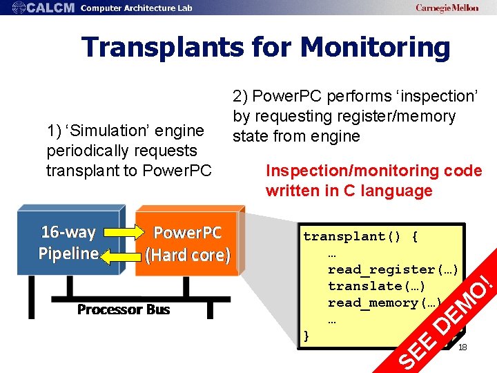 Transplants for Monitoring D EM O transplant() { … read_register(…) translate(…) read_memory(…) … }