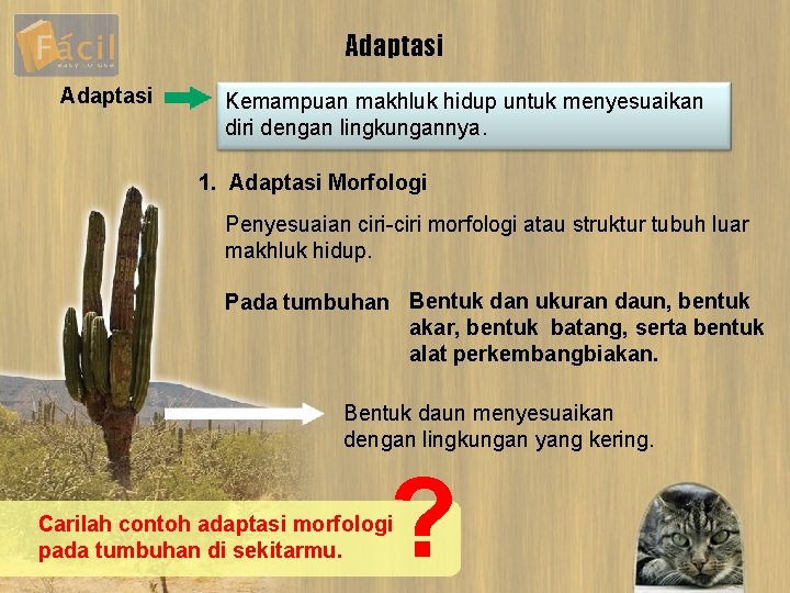 Adaptasi Kemampuan makhluk hidup untuk menyesuaikan diri dengan lingkungannya. 1. Adaptasi Morfologi Penyesuaian ciri-ciri