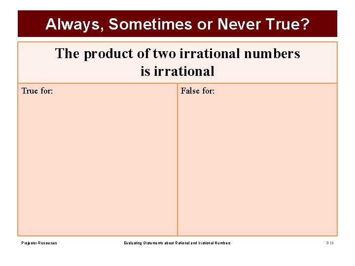 Always, Sometimes or Never True? The product of two irrational numbers is irrational True