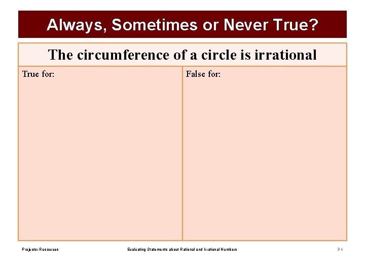 Always, Sometimes or Never True? The circumference of a circle is irrational True for: