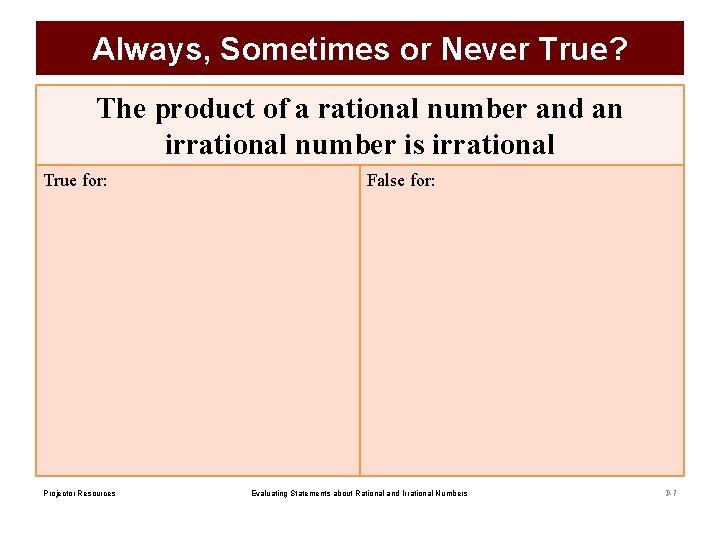 Always, Sometimes or Never True? The product of a rational number and an irrational