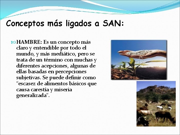 Conceptos más ligados a SAN: HAMBRE: Es un concepto más claro y entendible por