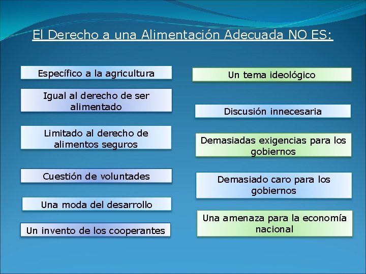 El Derecho a una Alimentación Adecuada NO ES: Específico a la agricultura Igual al