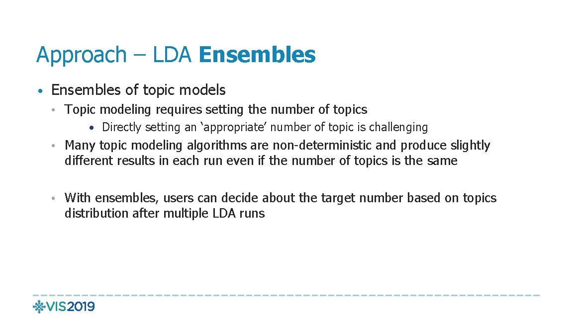 Approach – LDA Ensembles • Ensembles of topic models • Topic modeling requires setting