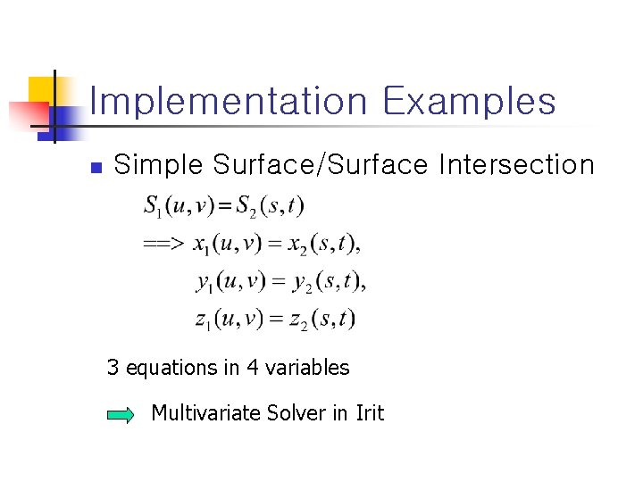 Implementation Examples n Simple Surface/Surface Intersection 3 equations in 4 variables Multivariate Solver in