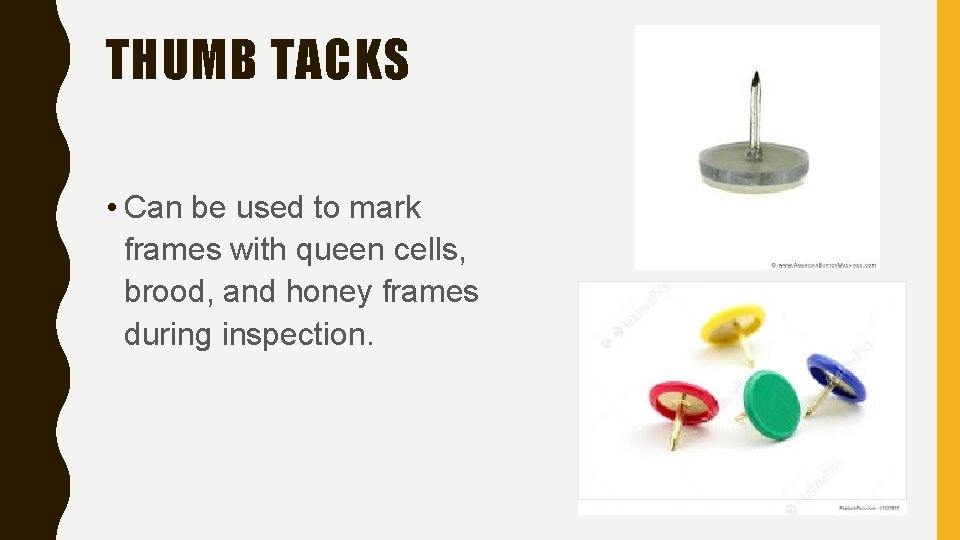 THUMB TACKS • Can be used to mark frames with queen cells, brood, and