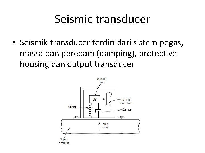 Seismic transducer • Seismik transducer terdiri dari sistem pegas, massa dan peredam (damping), protective