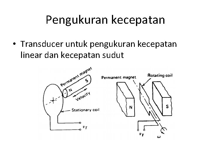 Pengukuran kecepatan • Transducer untuk pengukuran kecepatan linear dan kecepatan sudut 