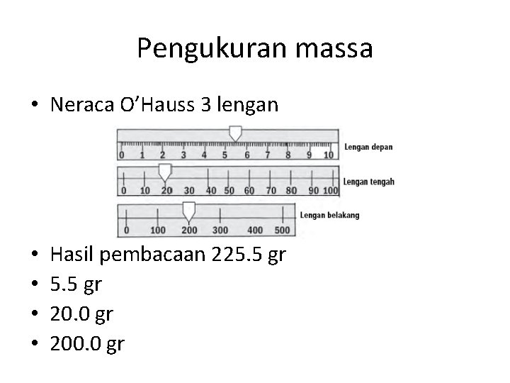 Pengukuran massa • Neraca O’Hauss 3 lengan • • Hasil pembacaan 225. 5 gr