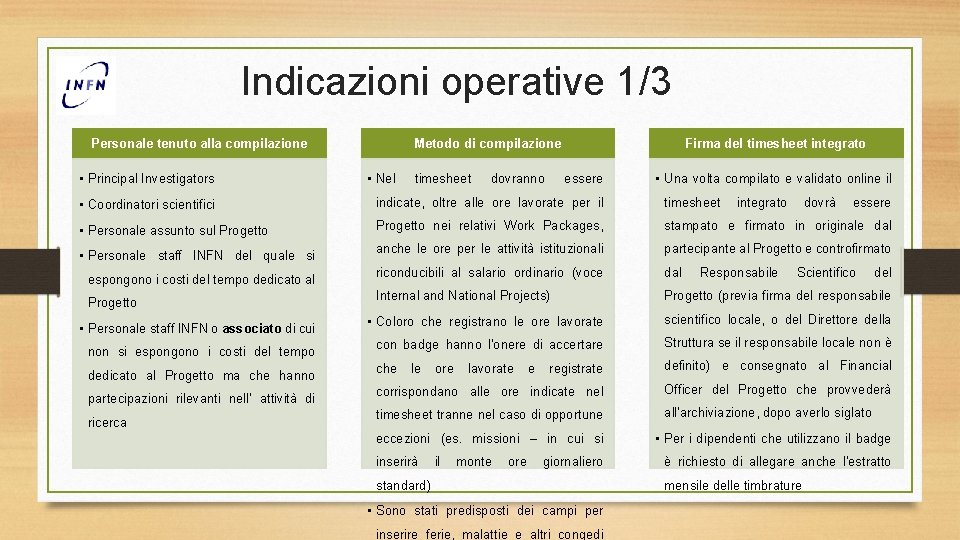 Indicazioni operative 1/3 Personale tenuto alla compilazione • Principal Investigators Metodo di compilazione •