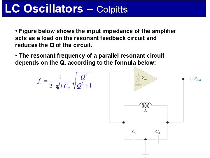 LC Oscillators – Colpitts • Figure below shows the input impedance of the amplifier
