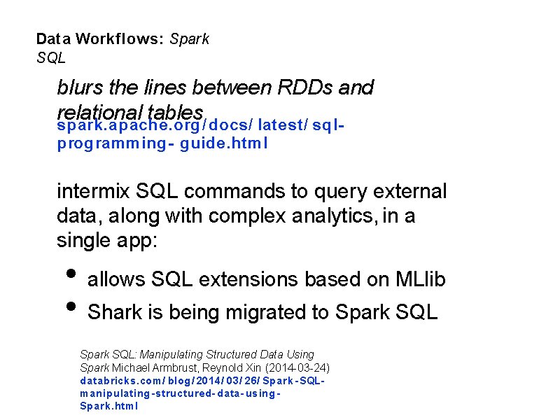 Data Workflows: Spark SQL blurs the lines between RDDs and relational tables spark. apache.