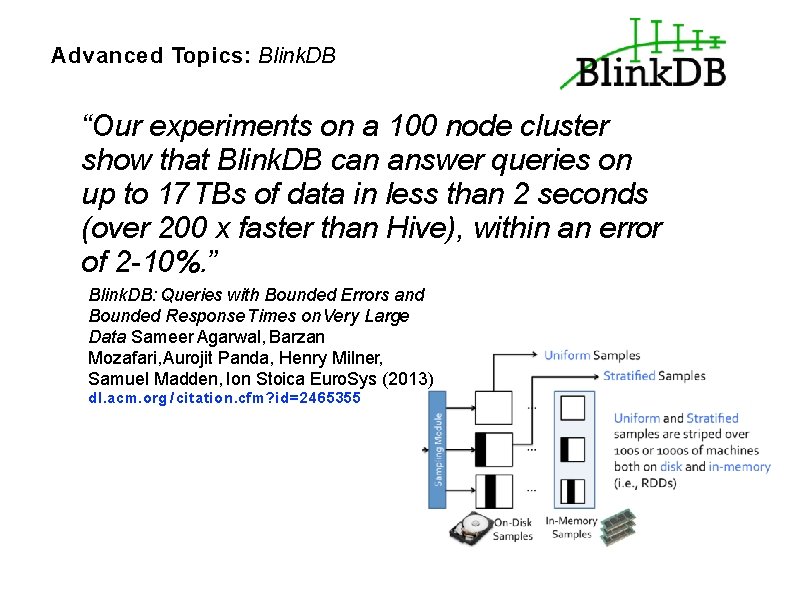 Advanced Topics: Blink. DB “Our experiments on a 100 node cluster show that Blink.