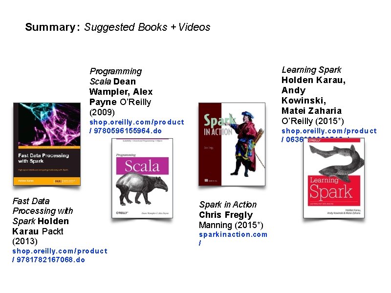 Summary: Suggested Books + Videos Learning Spark Holden Karau, Andy Kowinski, Matei Zaharia O’Reilly