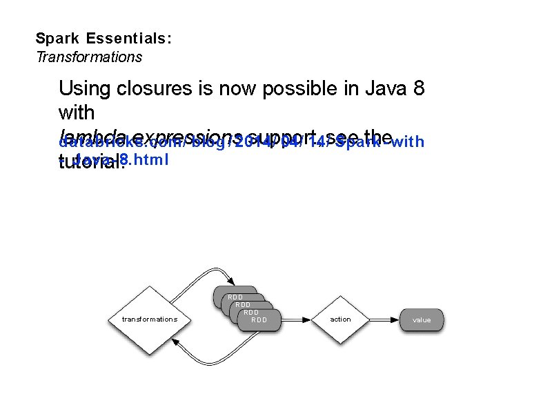 Spark Essentials: Transformations Using closures is now possible in Java 8 with lambda expressions