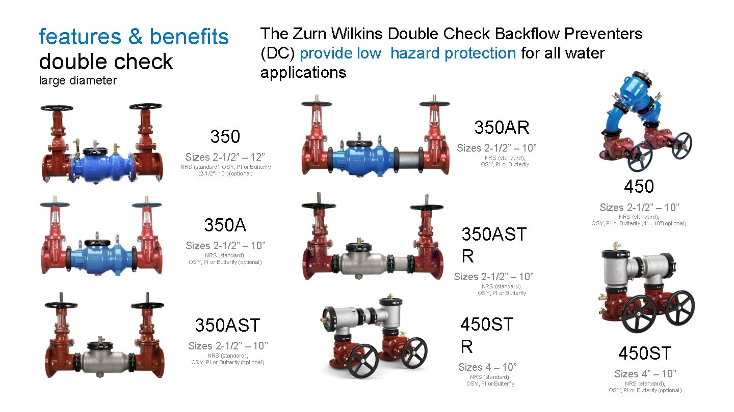 features & benefits double check large diameter The Zurn Wilkins Double Check Backflow Preventers