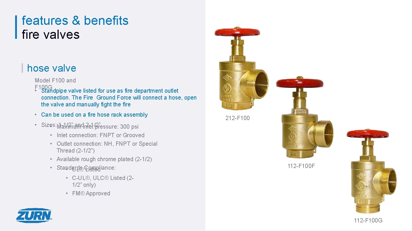 features & benefits fire valves hose valve Model F 100 and F 100 G