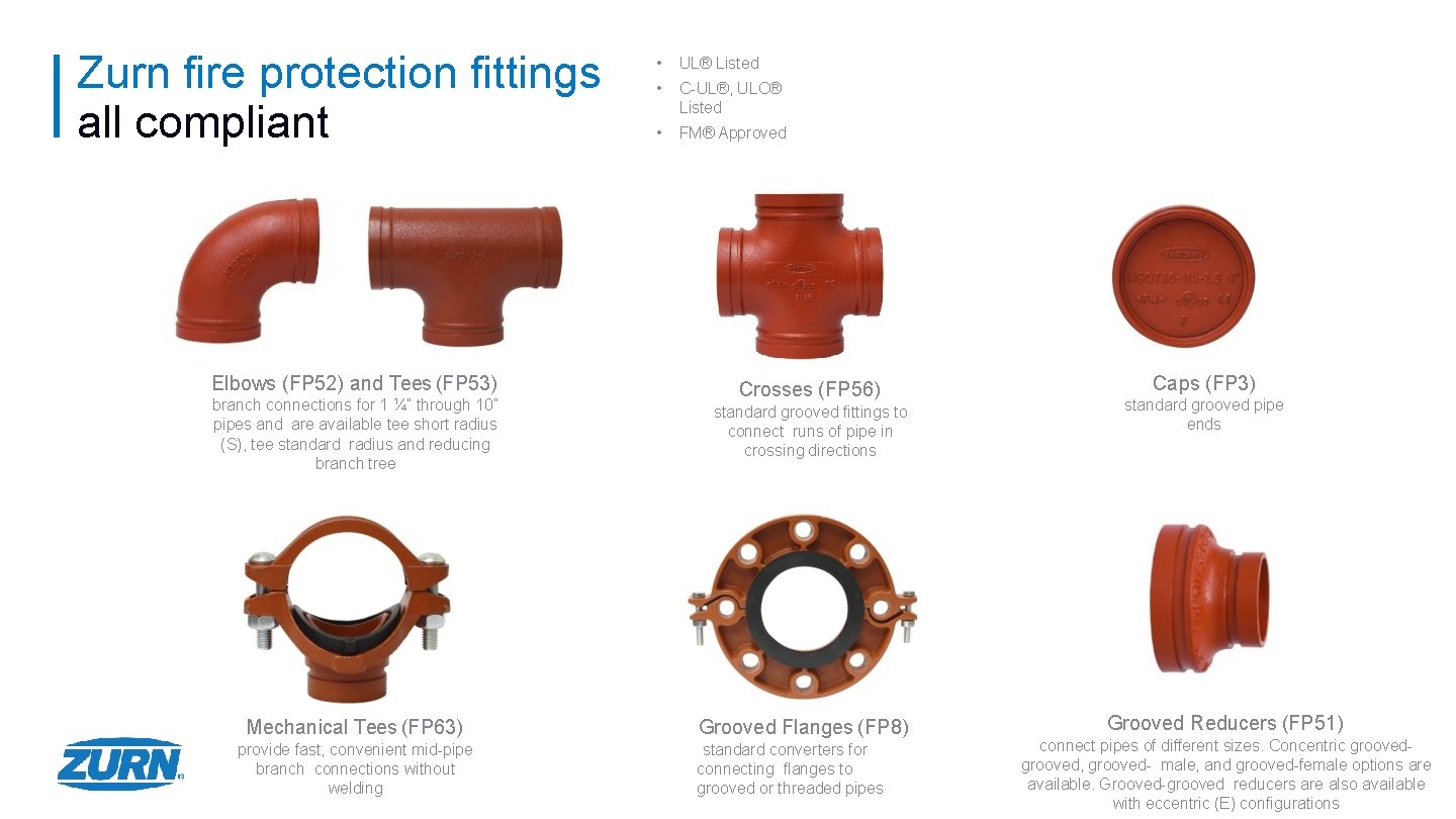 Zurn fire protection fittings all compliant Elbows (FP 52) and Tees (FP 53) branch