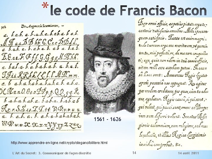 * 1561 - 1626 http: //www. apprendre-en-ligne. net/crypto/stegano/bilitere. html L'Art du Secret: 3. Communiquer