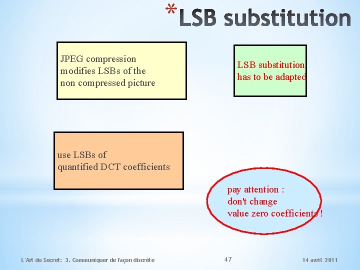 * JPEG compression modifies LSBs of the non compressed picture LSB substitution has to