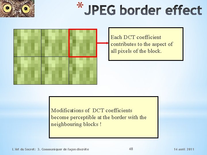 * Each DCT coefficient contributes to the aspect of all pixels of the block.