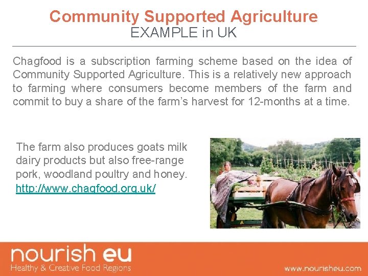 Community Supported Agriculture EXAMPLE in UK Chagfood is a subscription farming scheme based on