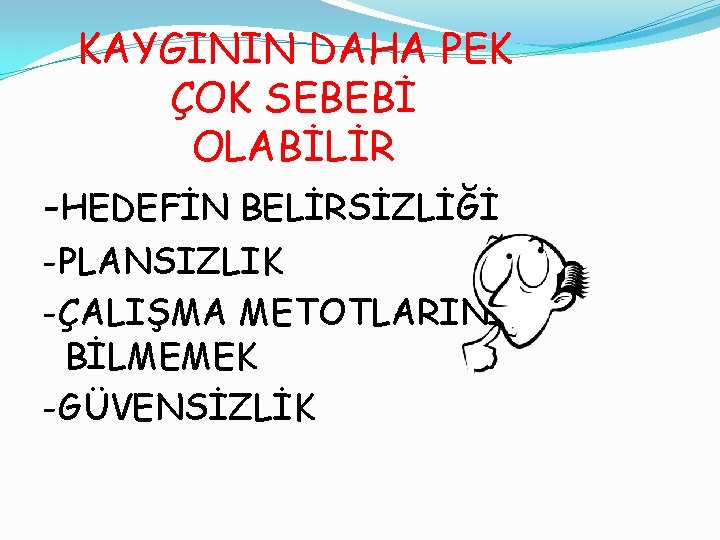 KAYGININ DAHA PEK ÇOK SEBEBİ OLABİLİR -HEDEFİN BELİRSİZLİĞİ -PLANSIZLIK -ÇALIŞMA METOTLARINI BİLMEMEK -GÜVENSİZLİK 