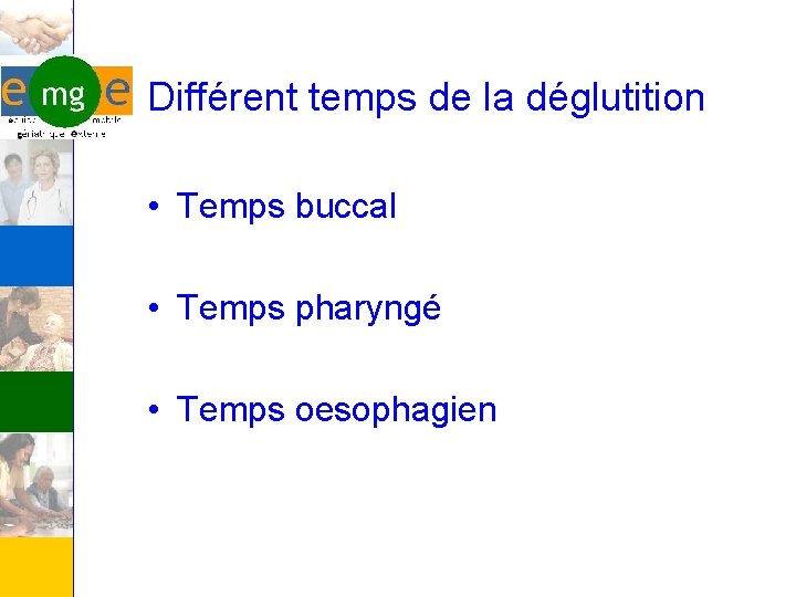 Différent temps de la déglutition • Temps buccal • Temps pharyngé • Temps oesophagien