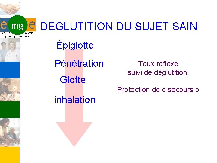 DEGLUTITION DU SUJET SAIN Épiglotte Pénétration Glotte Toux réflexe suivi de déglutition: Protection de