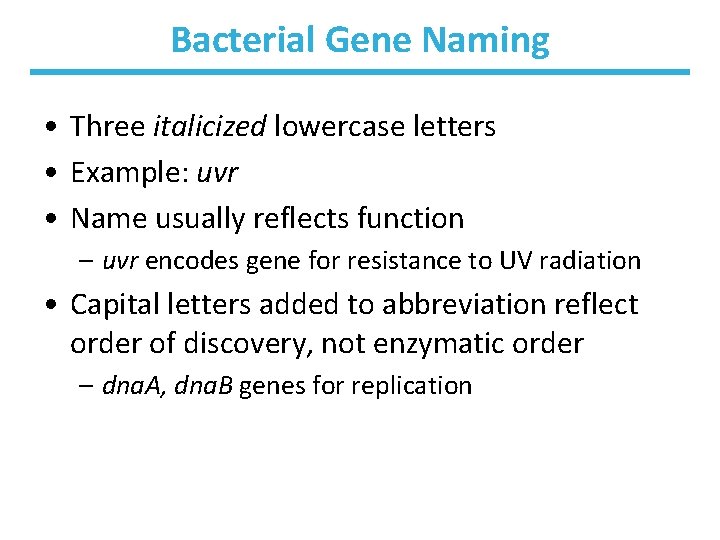 Bacterial Gene Naming • Three italicized lowercase letters • Example: uvr • Name usually