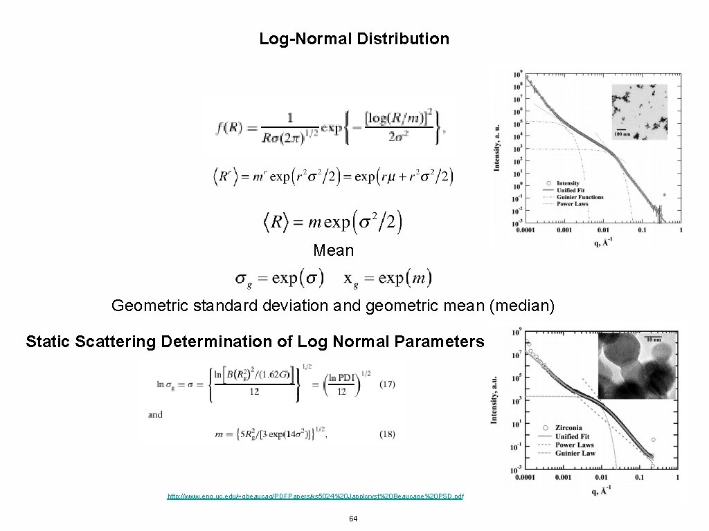 Log-Normal Distribution Mean Geometric standard deviation and geometric mean (median) Static Scattering Determination of