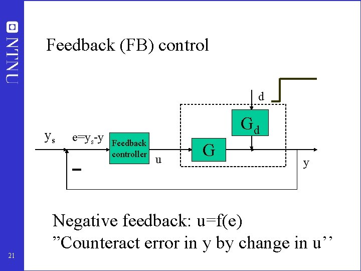 Feedback (FB) control d ys 21 e=ys-y Gd Feedback controller u G y Negative