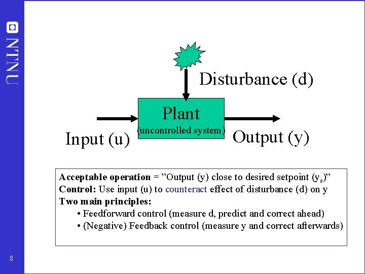 Disturbance (d) Plant Input (u) (uncontrolled system) Output (y) Acceptable operation = ”Output (y)