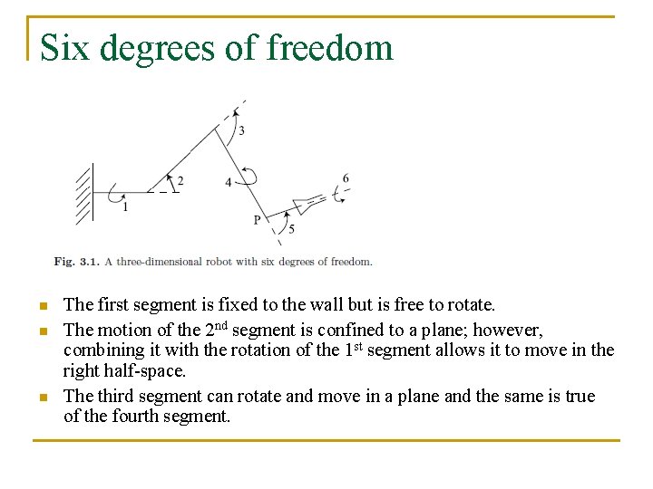 Six degrees of freedom n n n The first segment is fixed to the