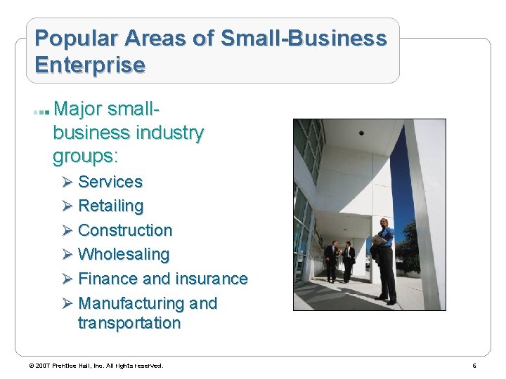 Popular Areas of Small-Business Enterprise Major smallbusiness industry groups: Ø Services Ø Retailing Ø