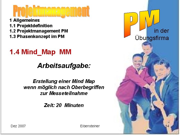 1 Allgemeines 1. 1 Projektdefinition 1. 2 Projektmanagement PM 1. 3 Phasenkonzept im PM