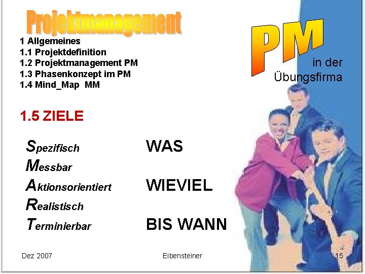 1 Allgemeines 1. 1 Projektdefinition 1. 2 Projektmanagement PM 1. 3 Phasenkonzept im PM