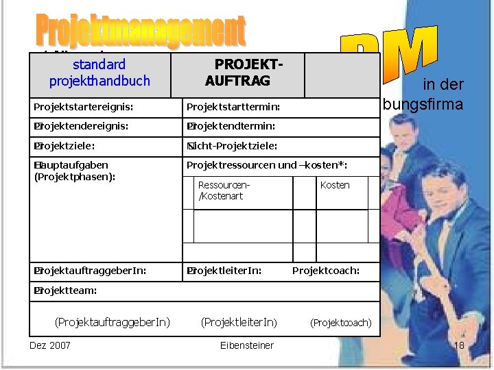 1 Allgemeines standard PROJEKT 1. 1 Projektdefinition projekthandbuch 1. 2 Projektmanagement PM AUFTRAG in