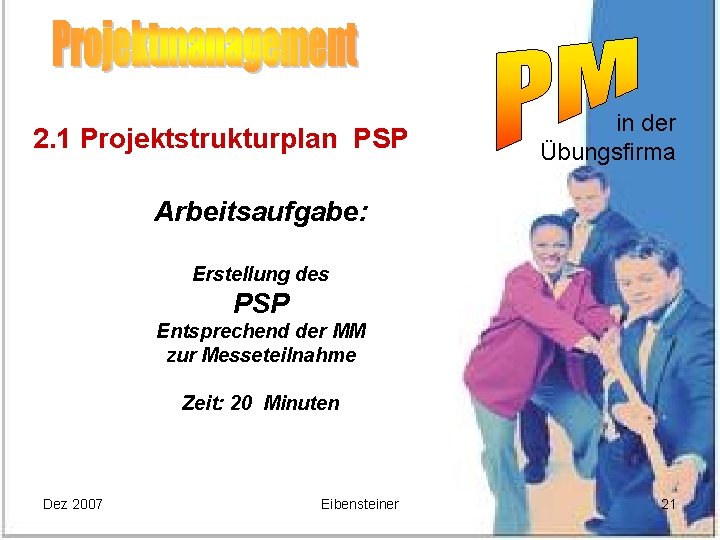 2. 1 Projektstrukturplan PSP in der Übungsfirma Arbeitsaufgabe: Erstellung des PSP Entsprechend der MM