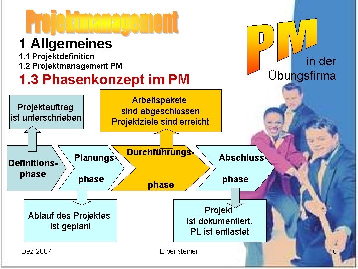 1 Allgemeines 1. 1 Projektdefinition 1. 2 Projektmanagement PM in der Übungsfirma 1. 3