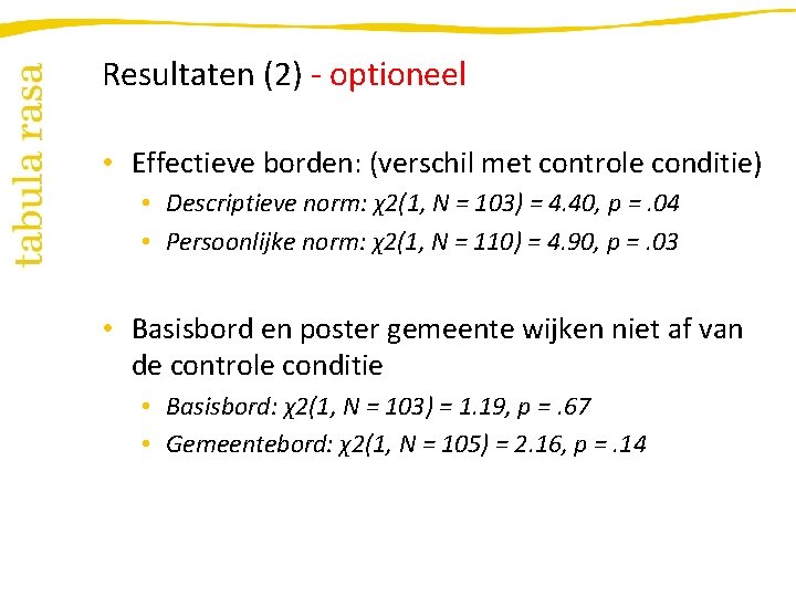 Resultaten (2) - optioneel • Effectieve borden: (verschil met controle conditie) • Descriptieve norm: